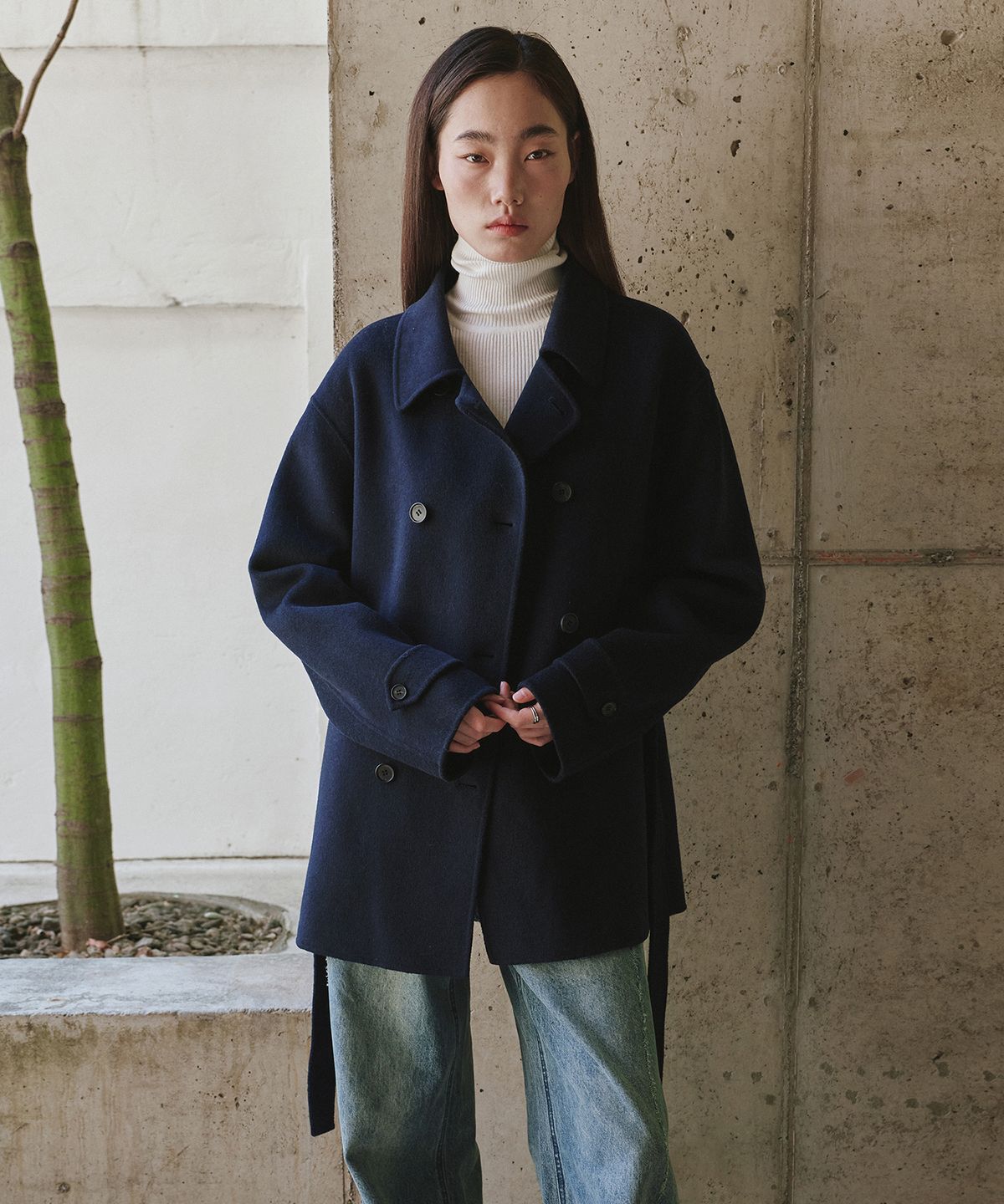 몽돌(MONGDOL) 울 캐시미어 핸드메이드 더블 하프 코트 네이비 MDCT019NAVY