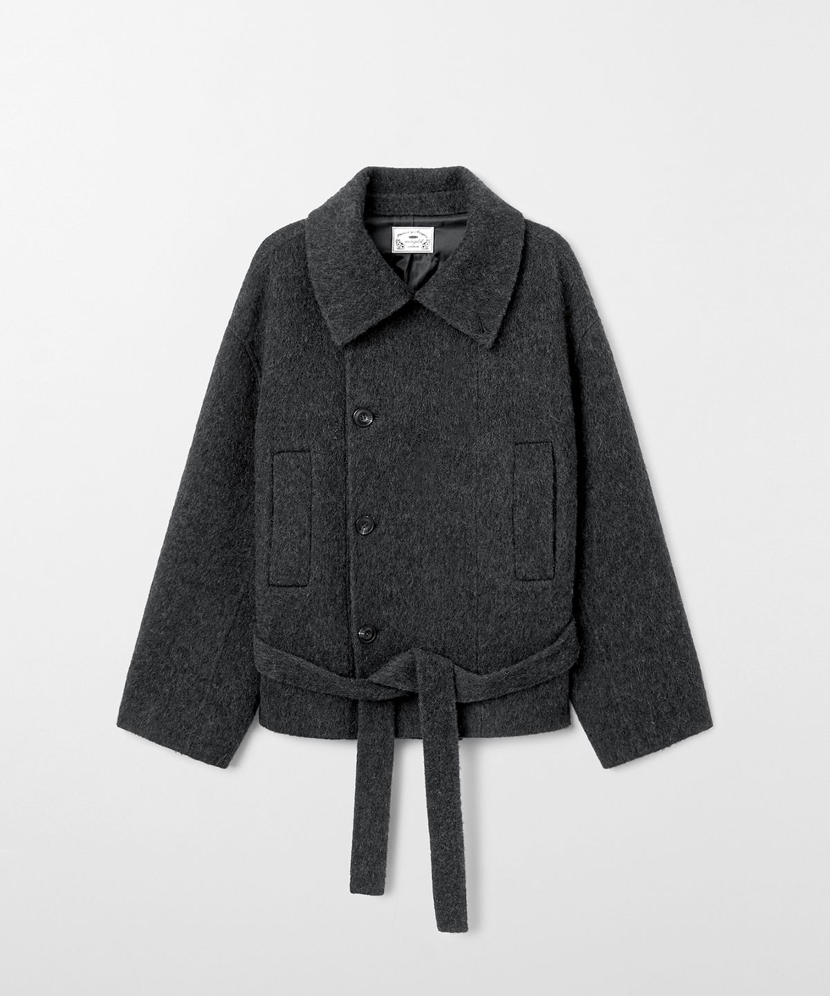 몽돌(MONGDOL) 울 알파카 핸드메이드 벨티드 숏 코트 차콜 MDCT020CHARCOAL