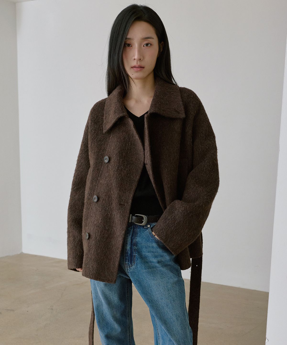 몽돌(MONGDOL) 울 알파카 핸드메이드 벨티드 숏 코트 브라운 MDCT020BROWN