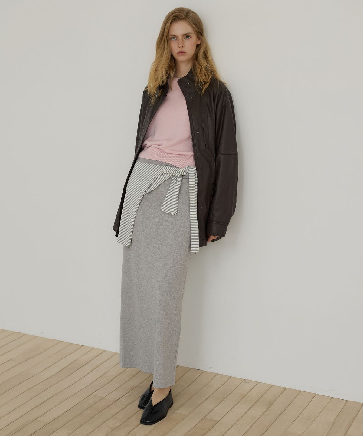 시티브리즈(CITYBREEZE) 스웨트 스트레이트 맥시 스커트_MELANGE GREY