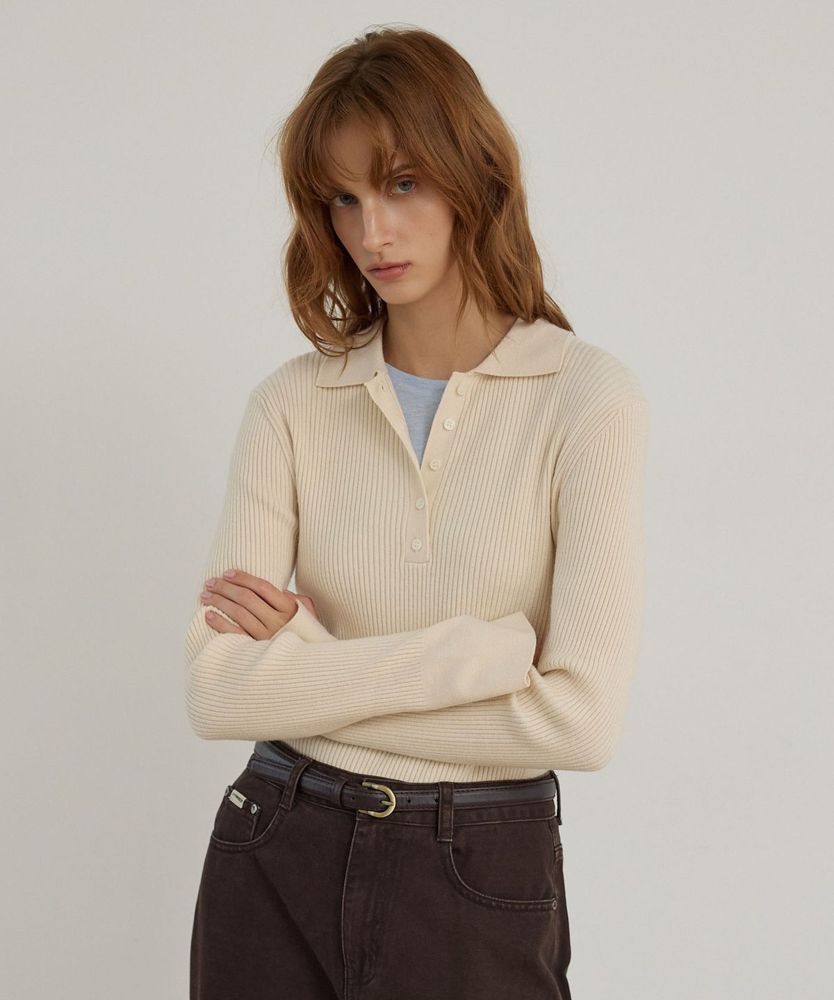시티브리즈(CITYBREEZE) 울 슬림 핏 골지 카라넥 니트_LIGHT BEIGE
