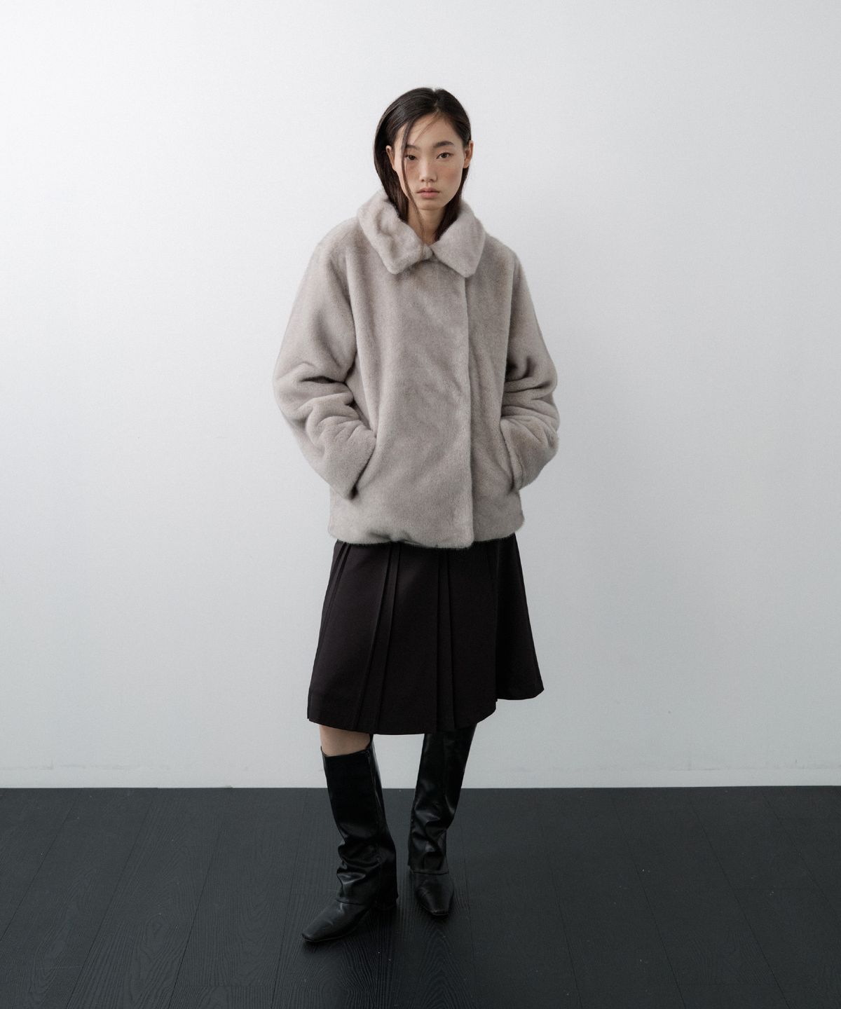 루시르주(LUCIR ZU) Relaxed Faux Mink Fur Jacket (Gray)