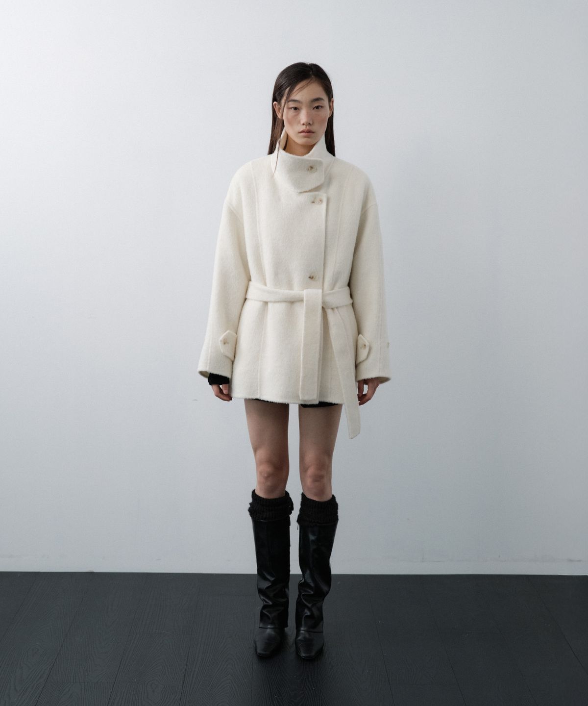 루시르주(LUCIR ZU) Handmade Alpaca High Neck Half Coat (Ivory)