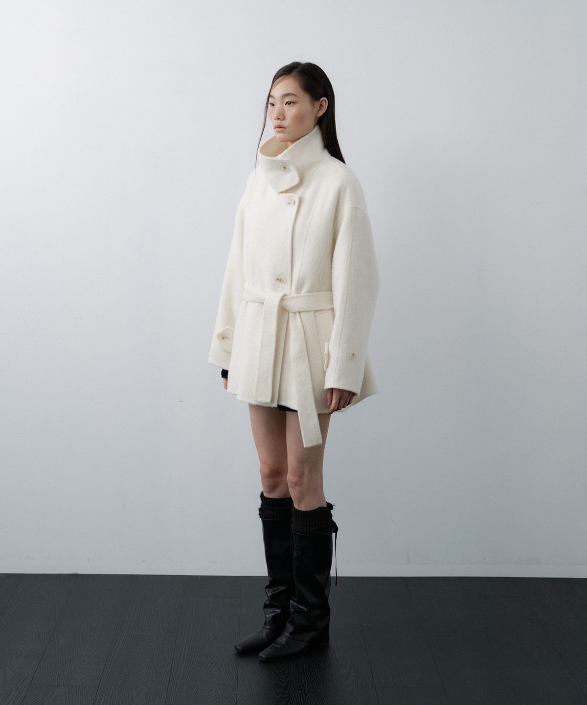 루시르주(LUCIR ZU) Handmade Alpaca High Neck Half Coat (Ivory)