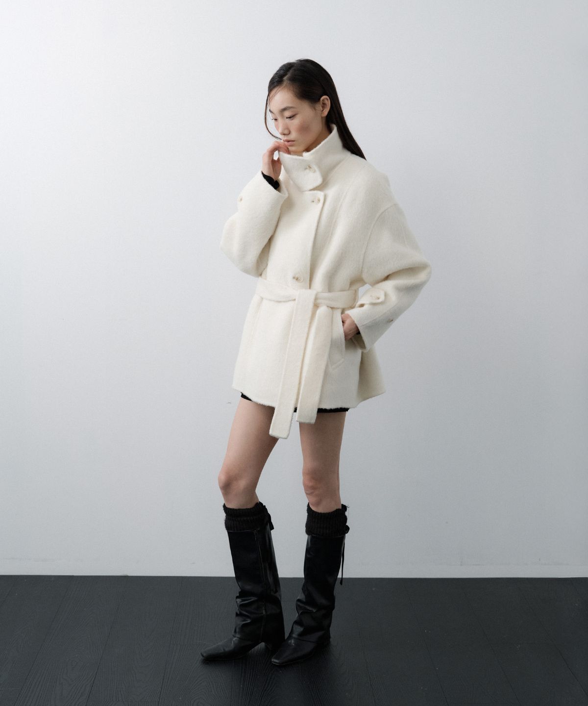 루시르주(LUCIR ZU) Handmade Alpaca High Neck Half Coat (Ivory)