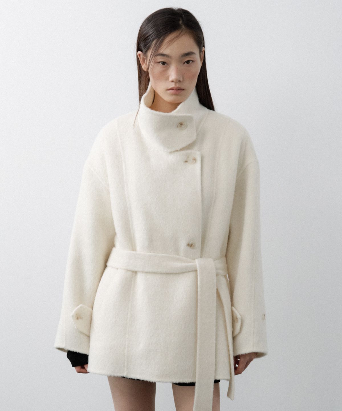 루시르주(LUCIR ZU) Handmade Alpaca High Neck Half Coat (Ivory)