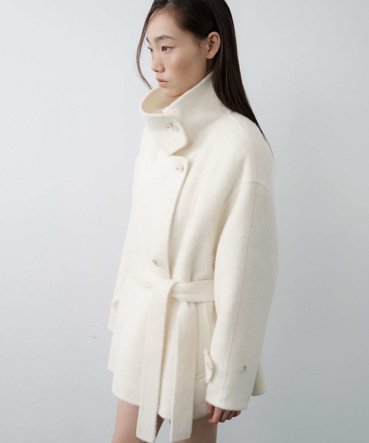 루시르주(LUCIR ZU) Handmade Alpaca High Neck Half Coat (Ivory)