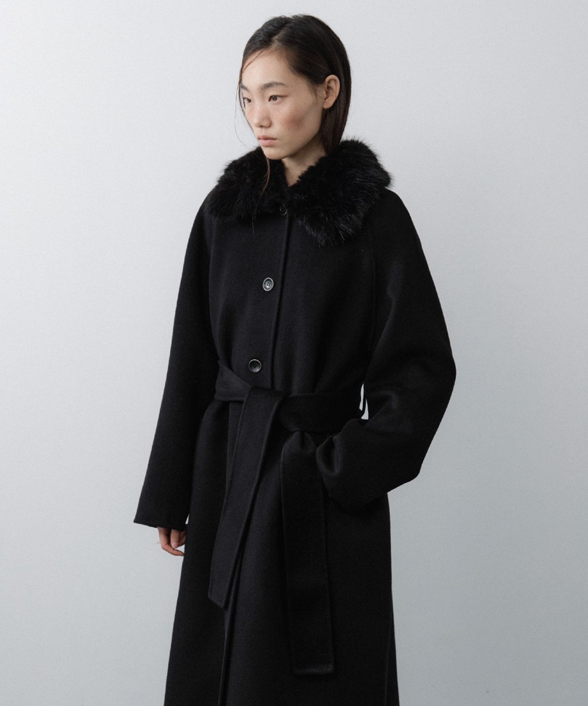 루시르주(LUCIR ZU) Handmade Detachable Fur Collar Maxi Wool Coat (Black)