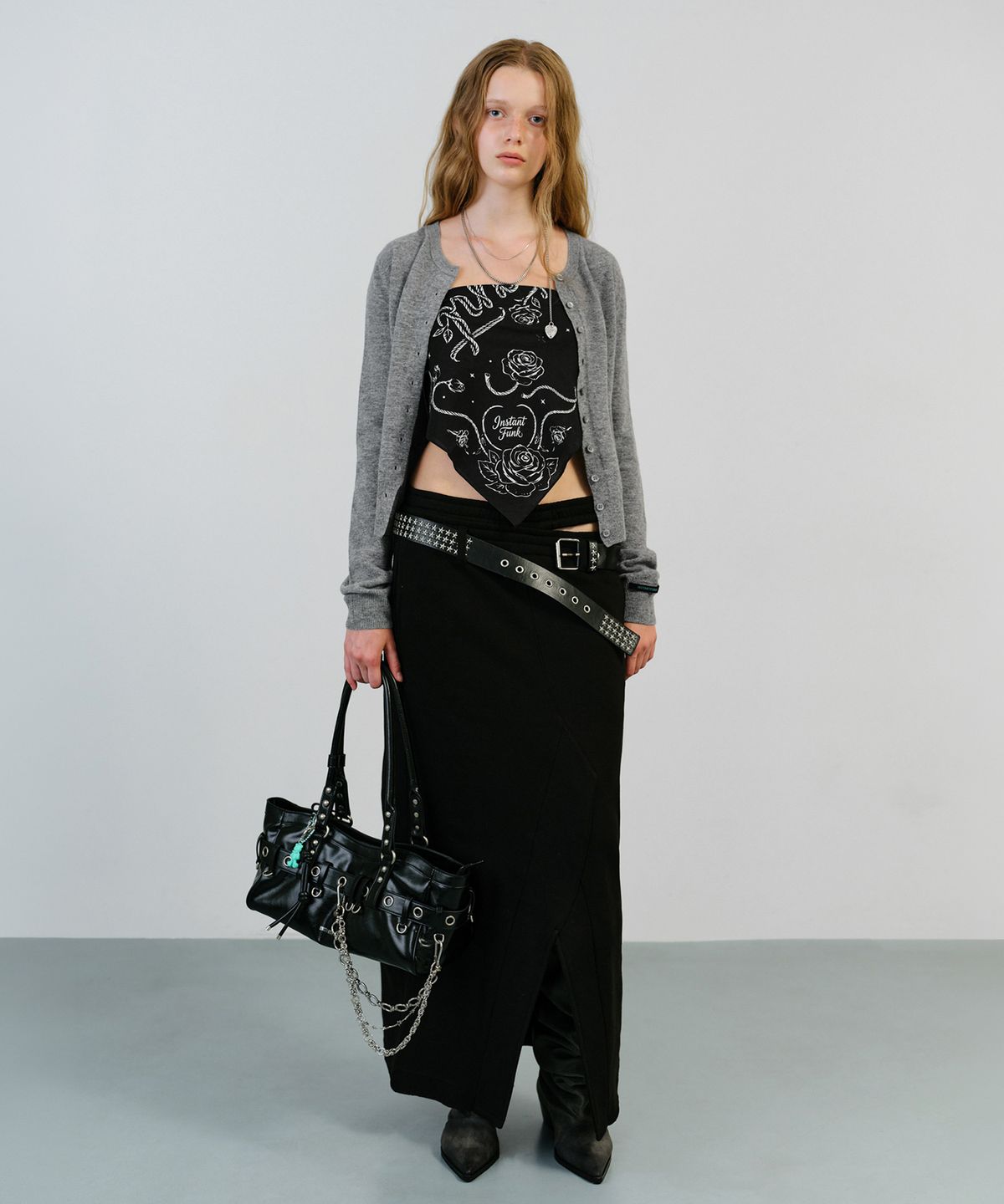 인스턴트펑크(INSTANTFUNK) BELT DETAIL JERSEY LONG SKIRT - BLACK