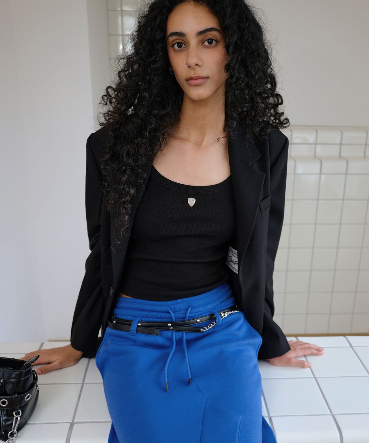 인스턴트펑크(INSTANTFUNK) BELT DETAIL JERSEY LONG SKIRT - BLUE