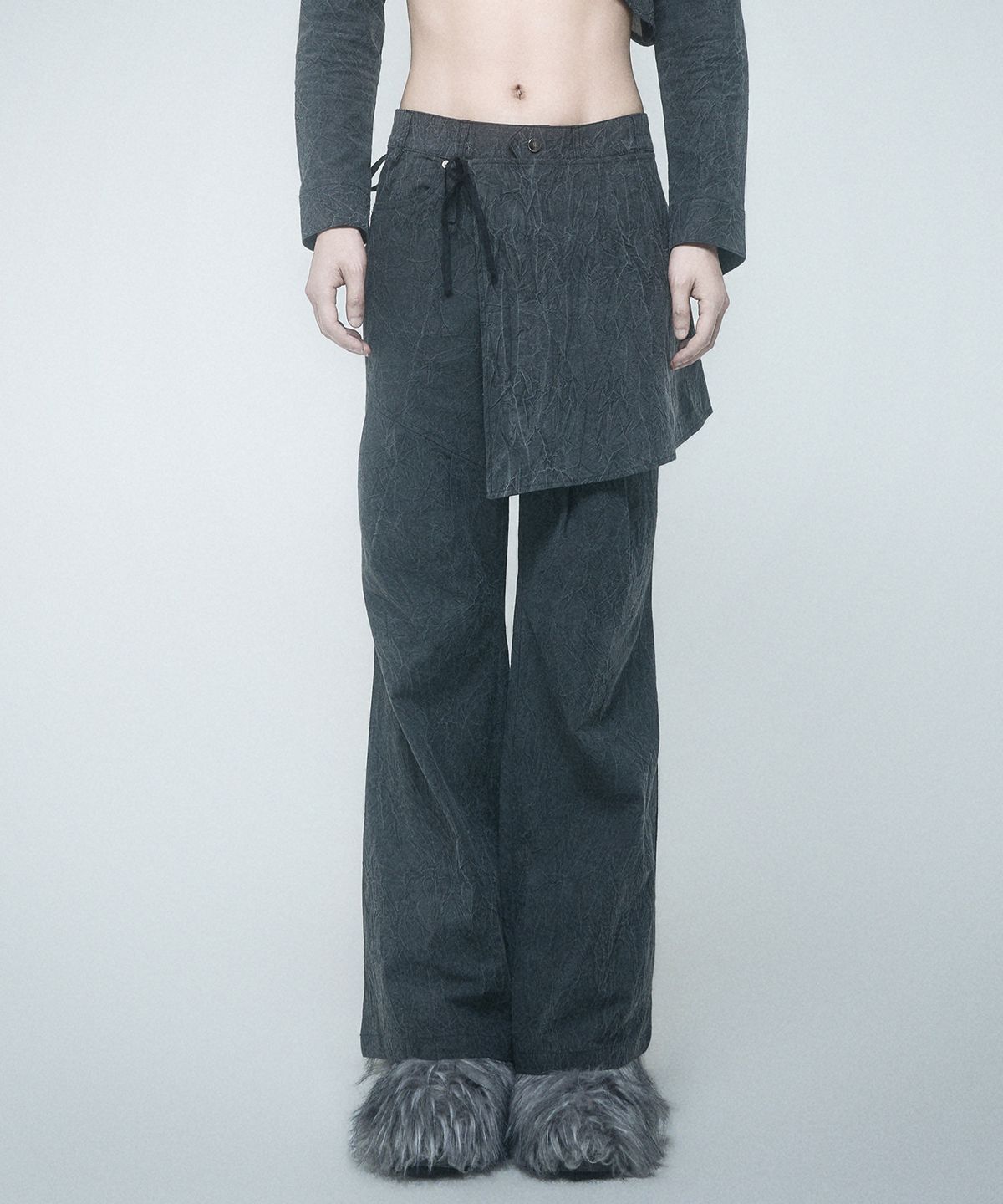 레큘리(RECULER) Wrinkle Wrap skirt pants Charcoal
