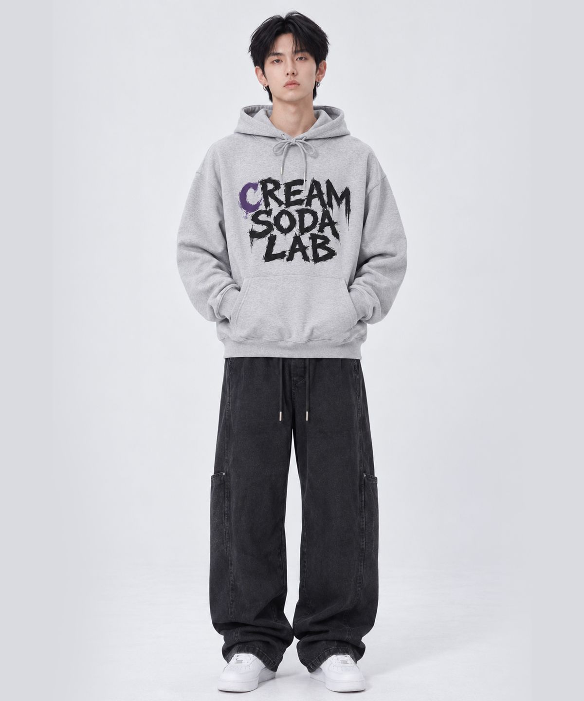 크림소다랩(CREAM SODA LAB) 스톤 워싱 와이드 커브드 밴딩 팬츠 블랙