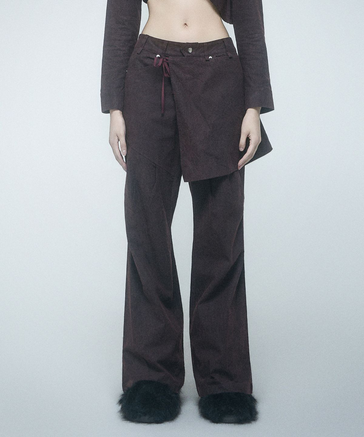 레큘리(RECULER) Wrinkle Wrap skirt pants Burgundy