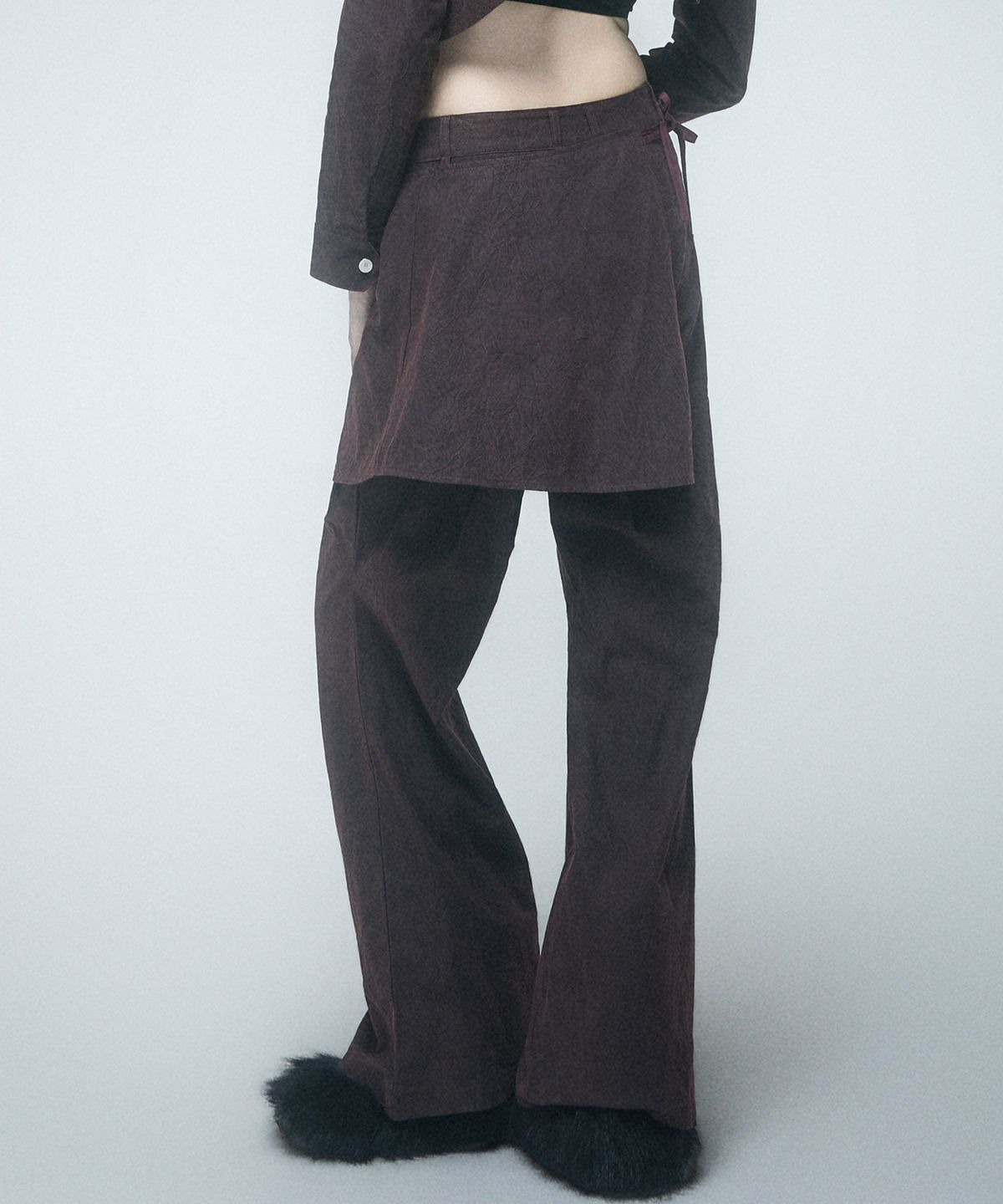 레큘리(RECULER) Wrinkle Wrap skirt pants Burgundy