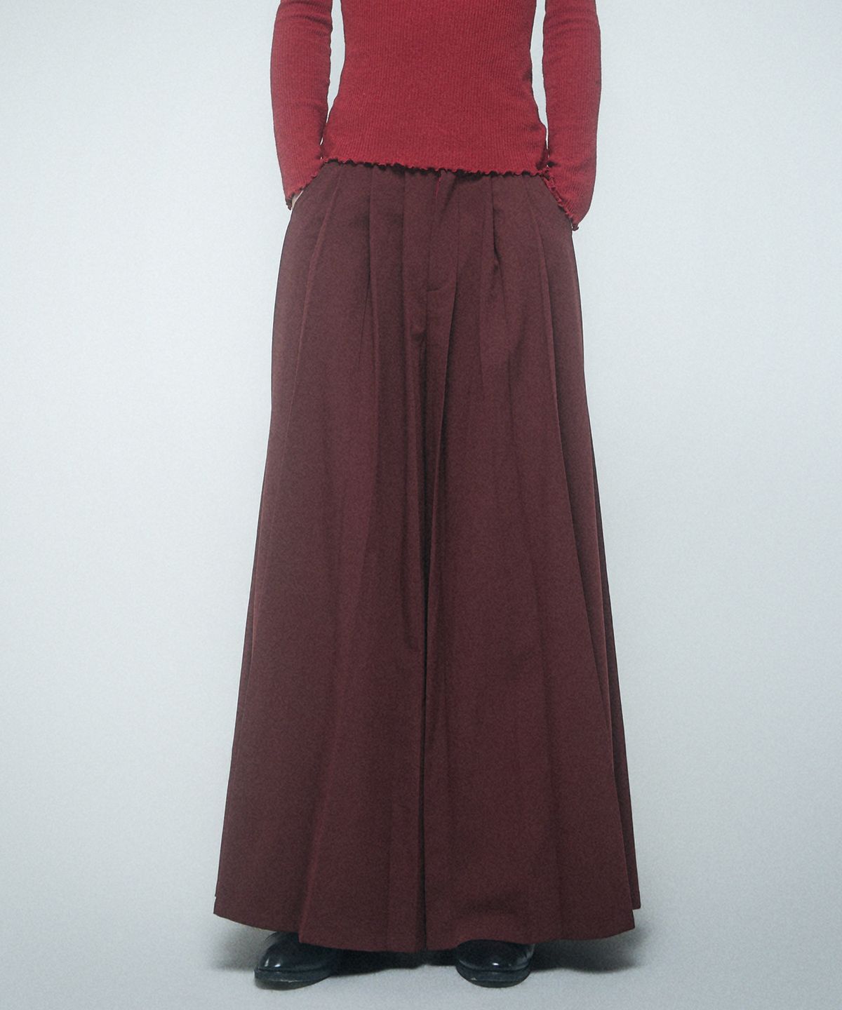 레큘리(RECULER) Wide pleated Skirt pants Burgundy