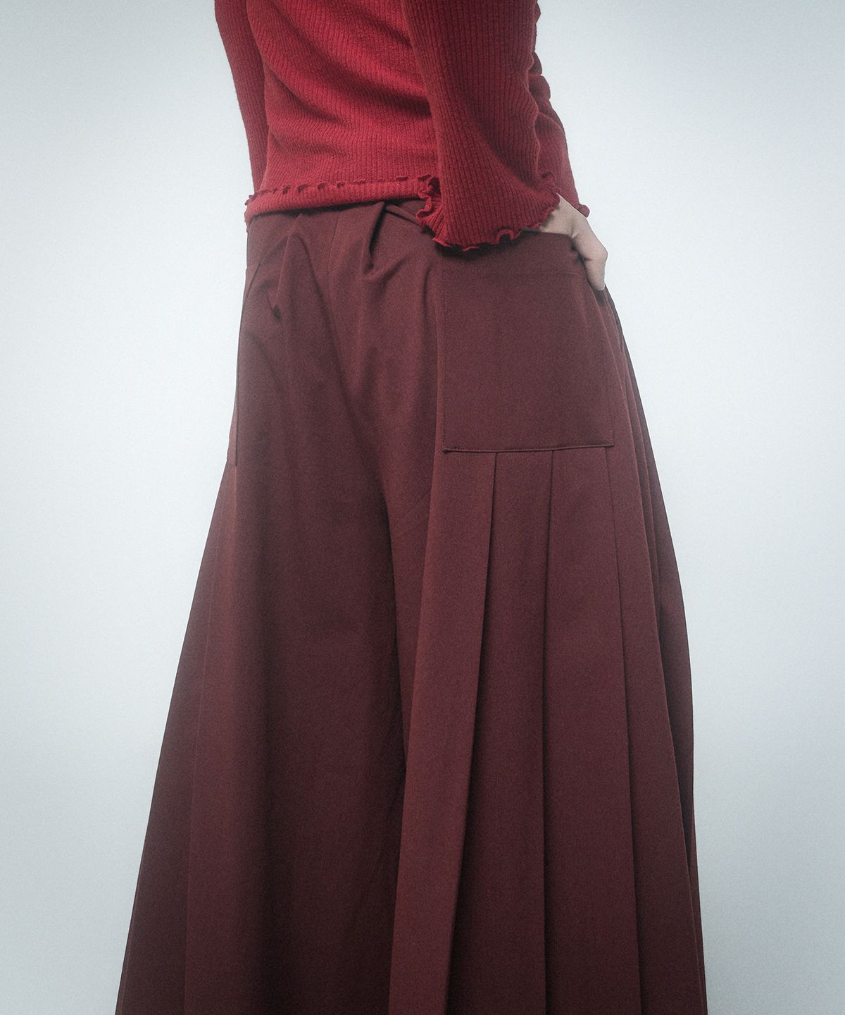 레큘리(RECULER) Wide pleated Skirt pants Burgundy