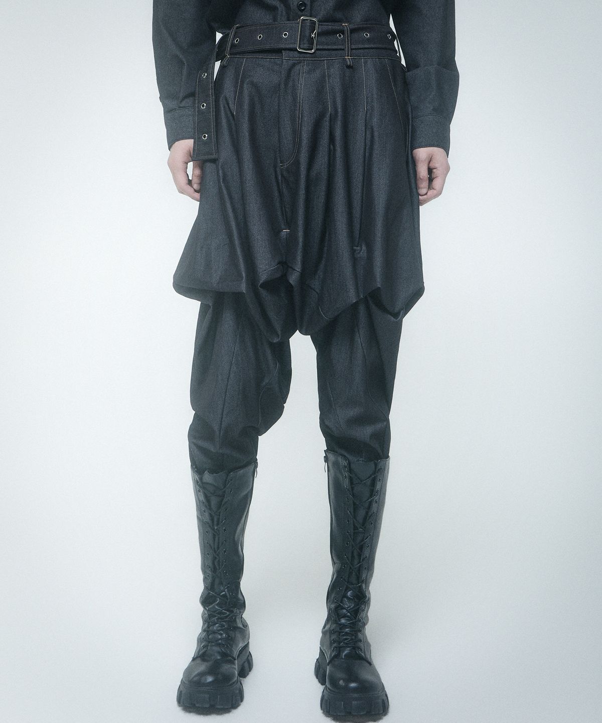 레큘리(RECULER) Skirt silhouette Harem pants Like Denim Black