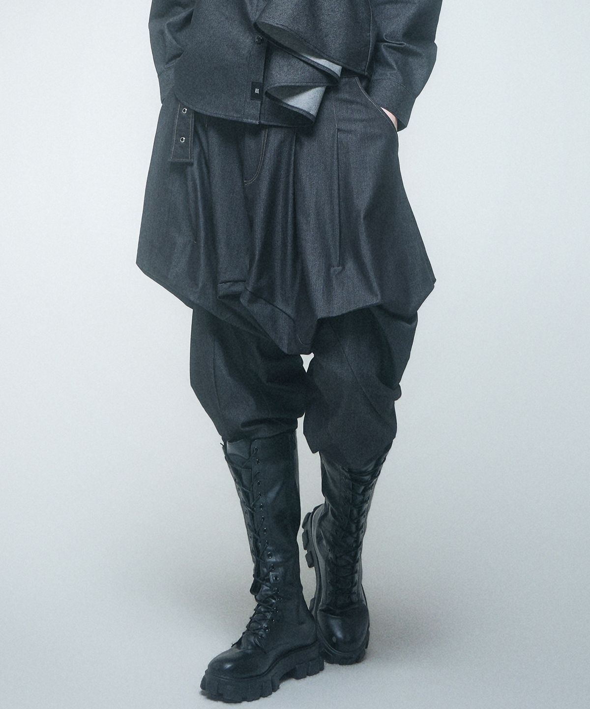 레큘리(RECULER) Skirt silhouette Harem pants Like Denim Black