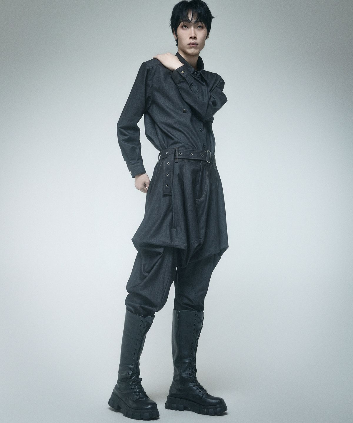 레큘리(RECULER) Skirt silhouette Harem pants Like Denim Black