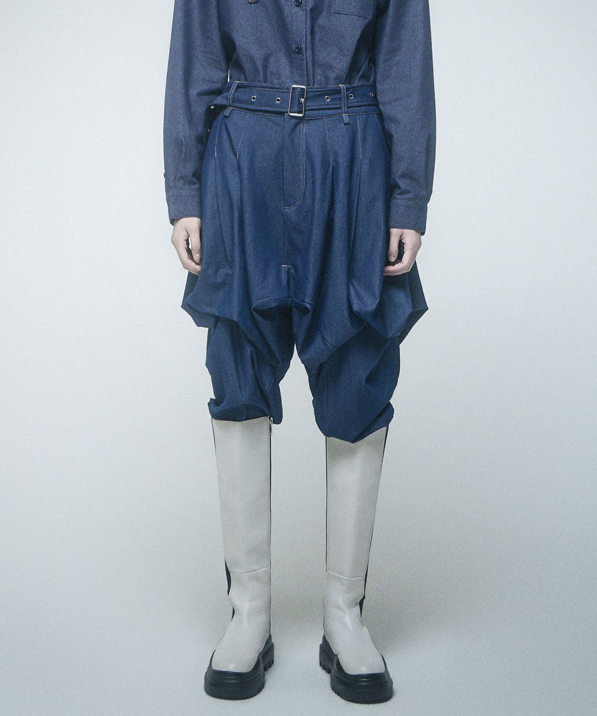 레큘리(RECULER) Skirt silhouette Harem pants Like Denim Deep Blue