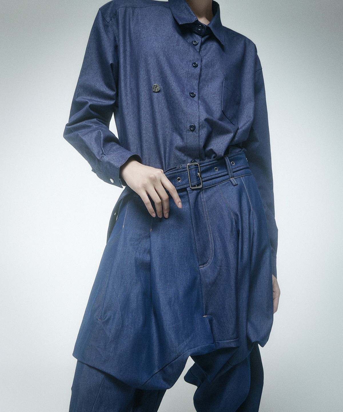 레큘리(RECULER) Skirt silhouette Harem pants Like Denim Deep Blue