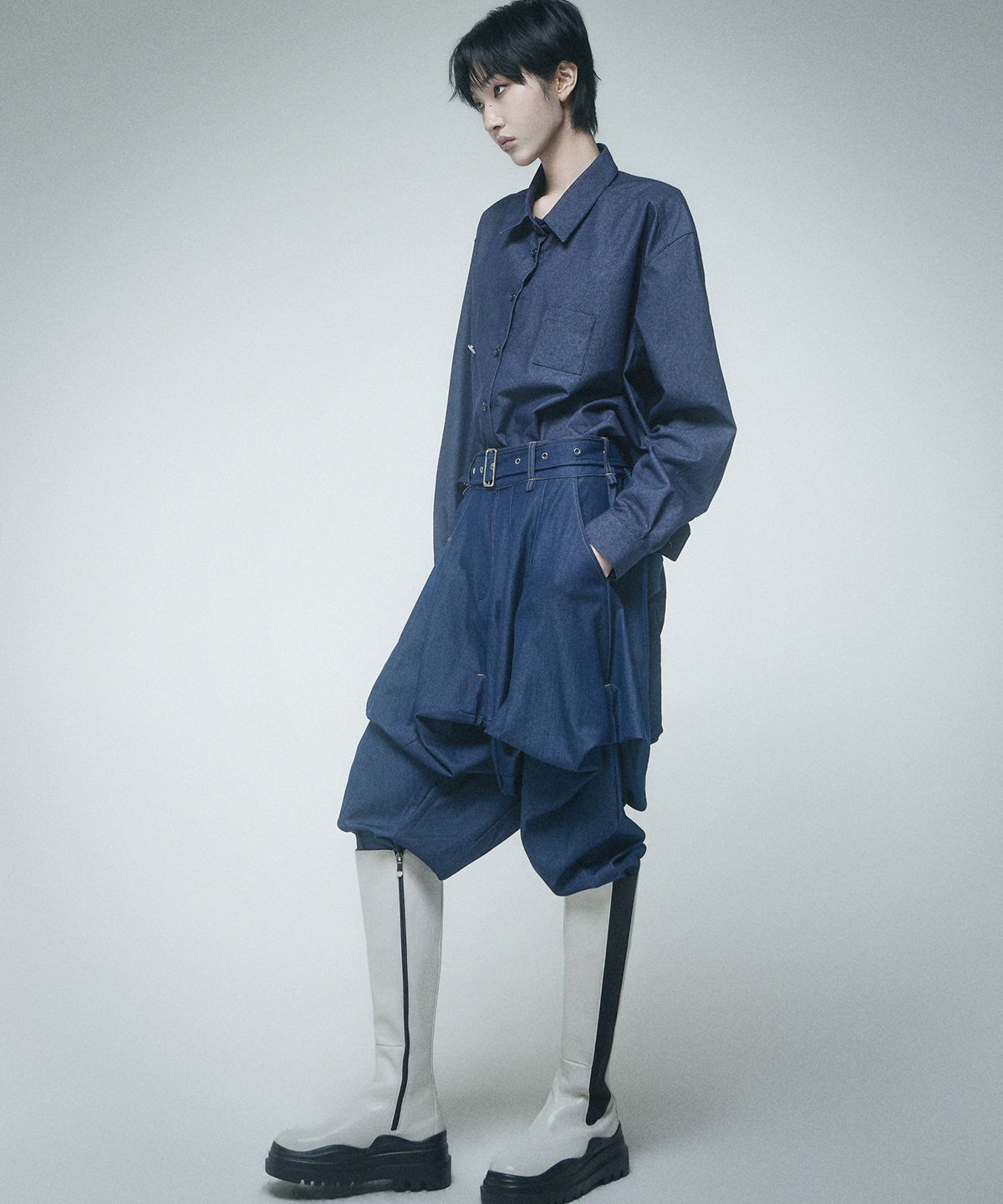 레큘리(RECULER) Skirt silhouette Harem pants Like Denim Deep Blue