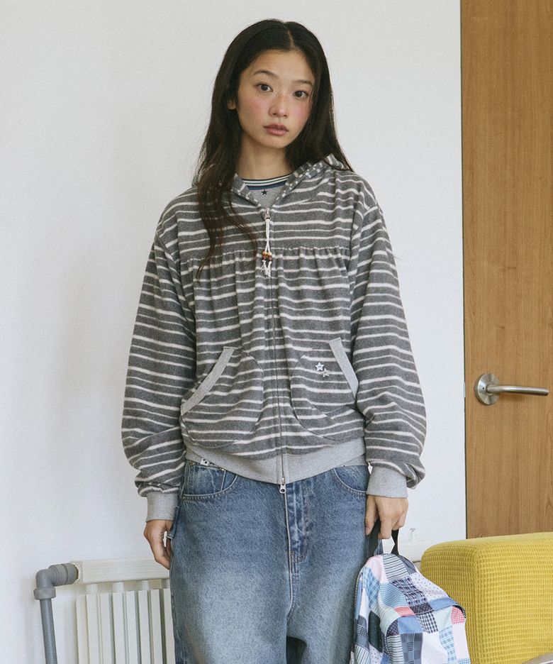 SOFT STRIPED SHIRRING ZIP UP HOODIE GREY(CV2GFFM483A)