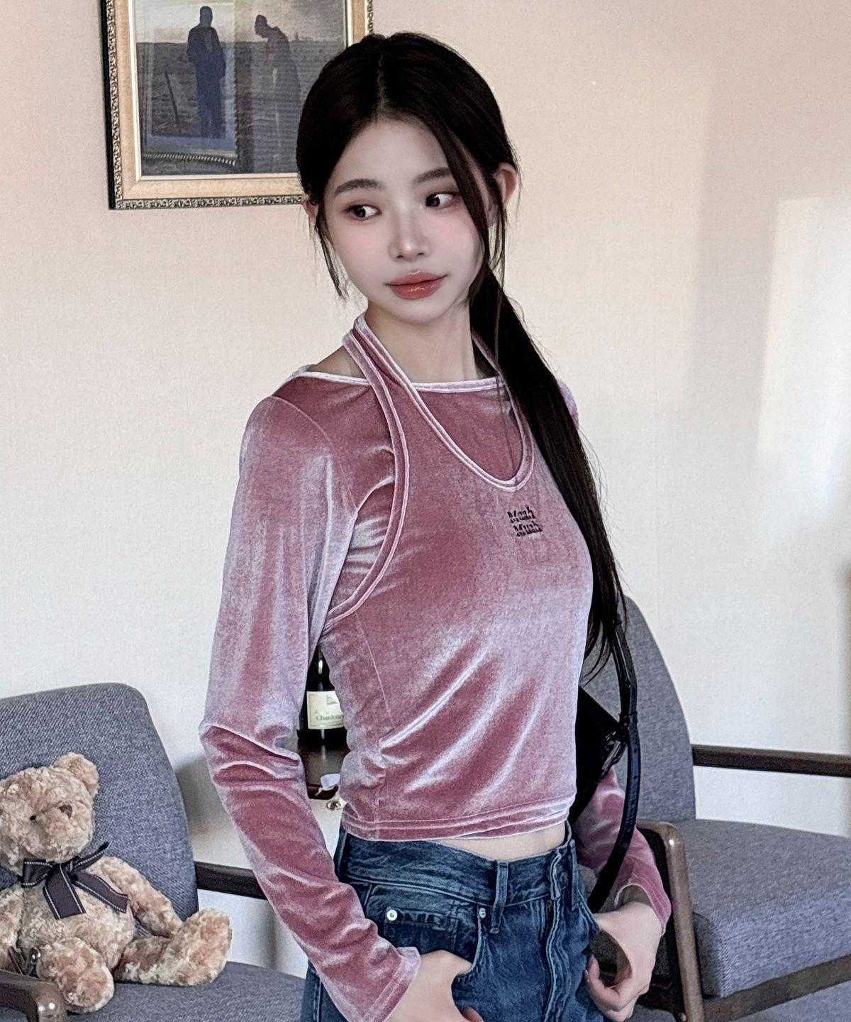 무아무아(MUAHMUAH) [SET] 벨벳 홀터넥 레이어드 긴팔티 [핑크]