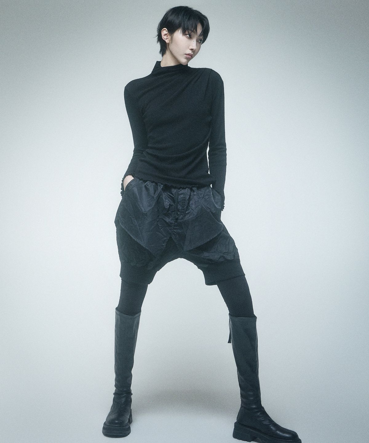 레큘리(RECULER) Asymmetry leggings baggy pants Black