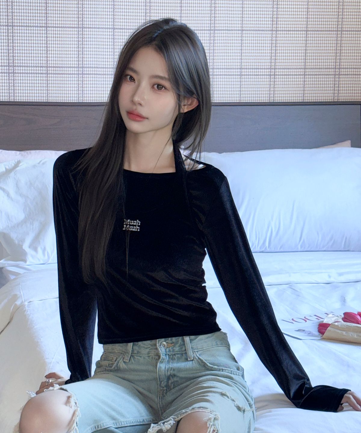 무아무아(MUAHMUAH) [SET] 벨벳 홀터넥 레이어드 긴팔티 [블랙]