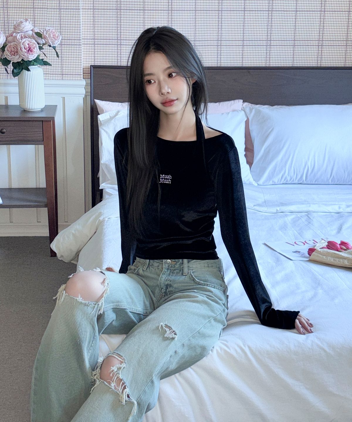 무아무아(MUAHMUAH) [SET] 벨벳 홀터넥 레이어드 긴팔티 [블랙]