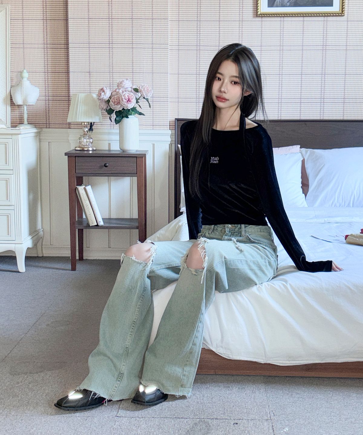 무아무아(MUAHMUAH) [SET] 벨벳 홀터넥 레이어드 긴팔티 [블랙]