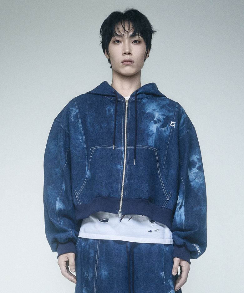 Pipe dyeing Denim Crop Hoodie zip-up Blue