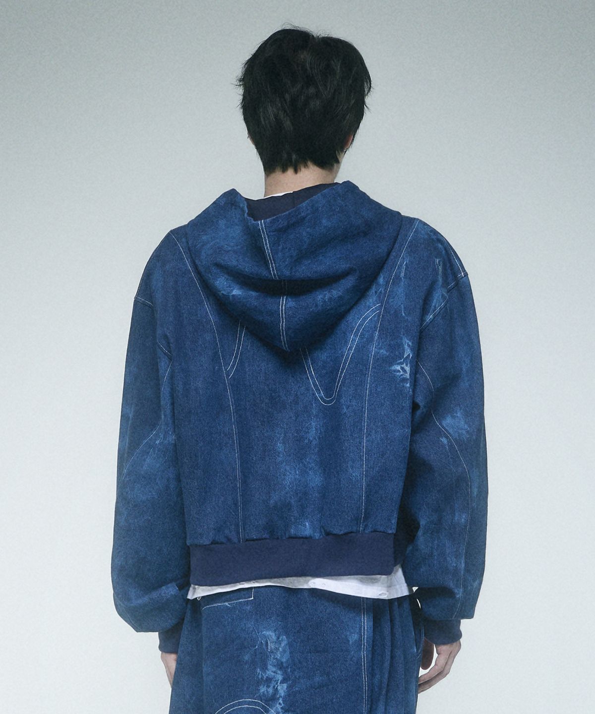 레큘리(RECULER) Pipe dyeing Denim Crop Hoodie zip-up Blue