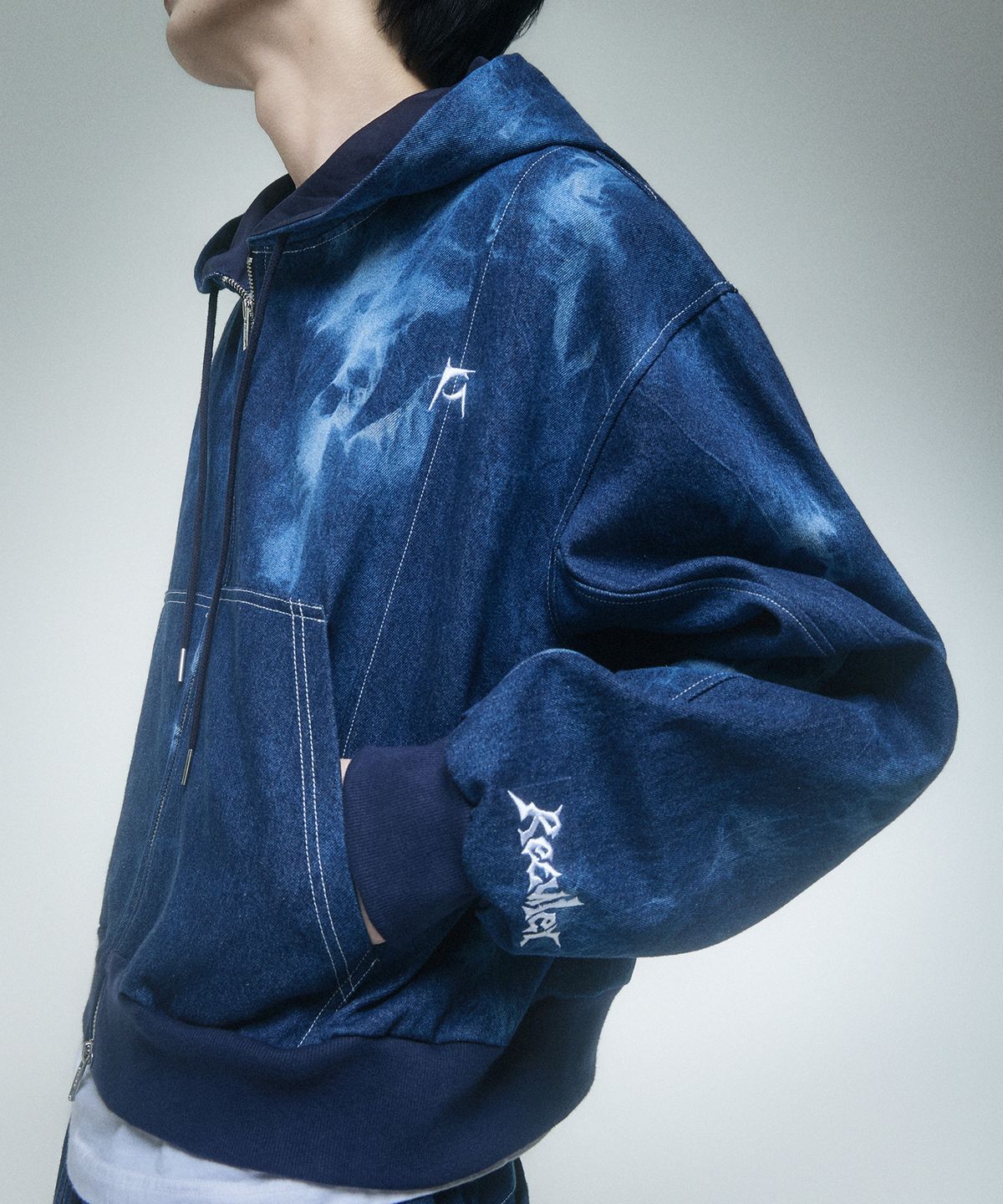 레큘리(RECULER) Pipe dyeing Denim Crop Hoodie zip-up Blue