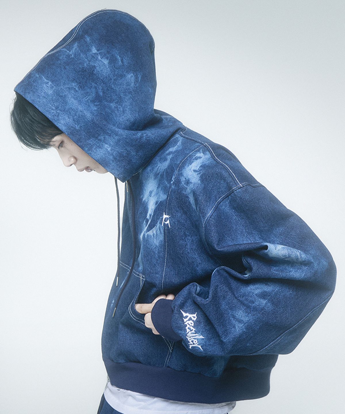 레큘리(RECULER) Pipe dyeing Denim Crop Hoodie zip-up Blue