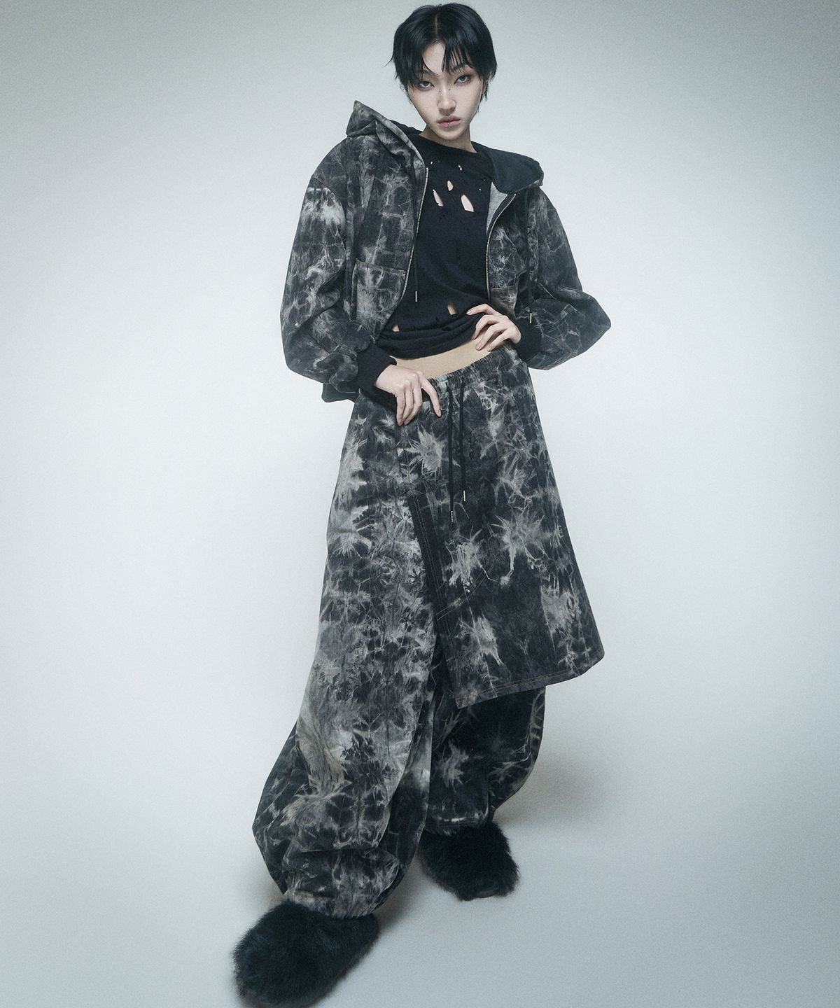레큘리(RECULER) Pipe dyeing Denim Skirt pants Black
