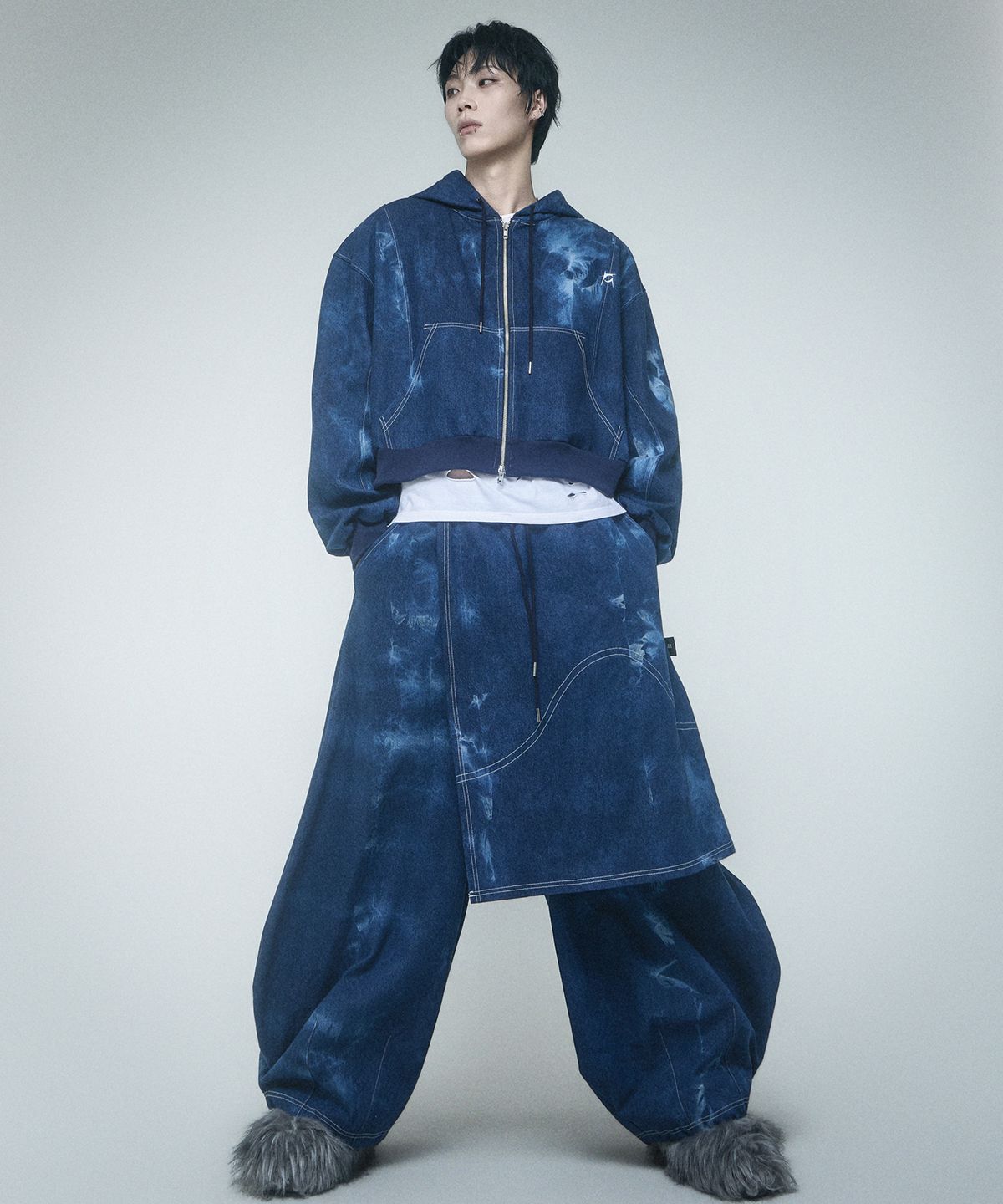 레큘리(RECULER) Pipe dyeing Denim Skirt pants Blue