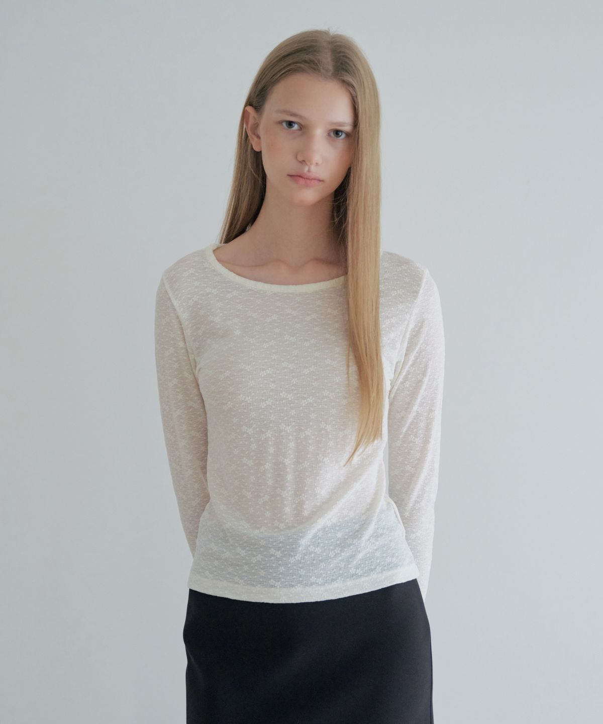 그라스플랜(GRASPLAN) Rose Sheer Lace T-Shirt_Cream