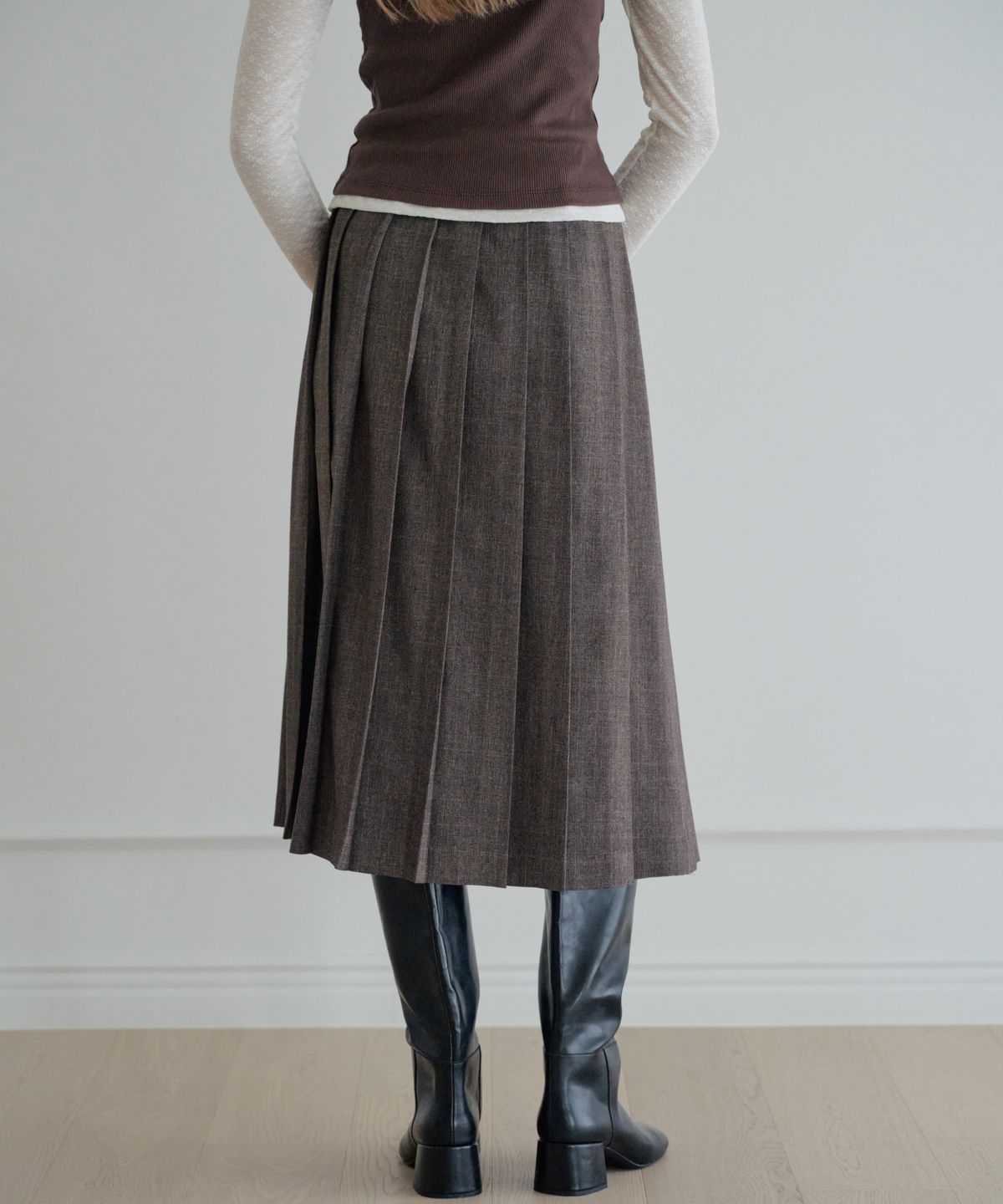 그라스플랜(GRASPLAN) Classic Check Pleated Long Skirt_Brown