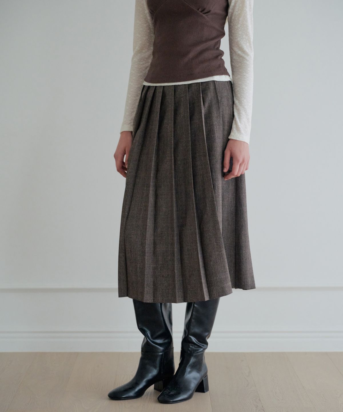그라스플랜(GRASPLAN) Classic Check Pleated Long Skirt_Brown