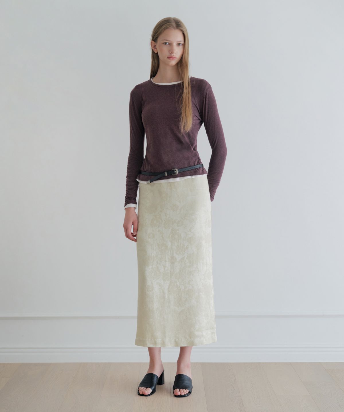 그라스플랜(GRASPLAN) Floral Jacquard Satin Long Skirt_Green