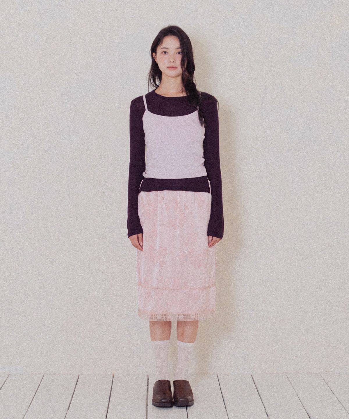 모로아(MOROA) Silky Midi Skirt-Pink