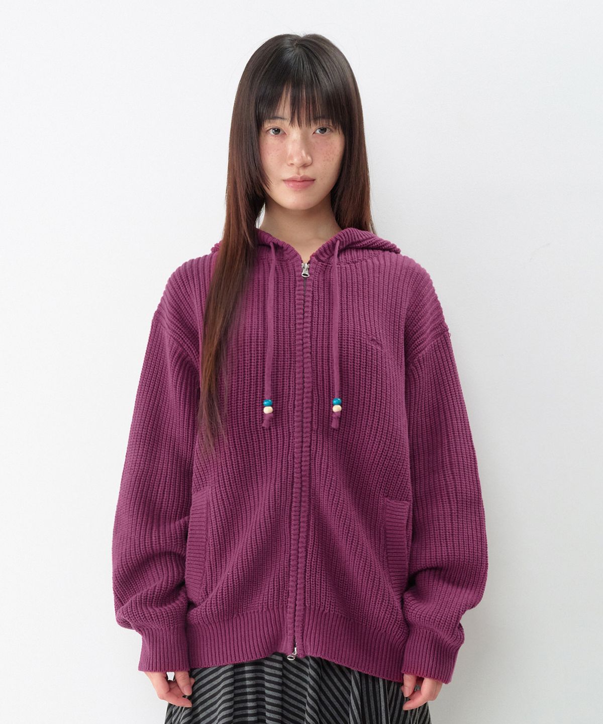 아메스 월드와이드(AMES-WORLDWIDE) BEADS KNIT HOODIE ZIP-UP PURPLE