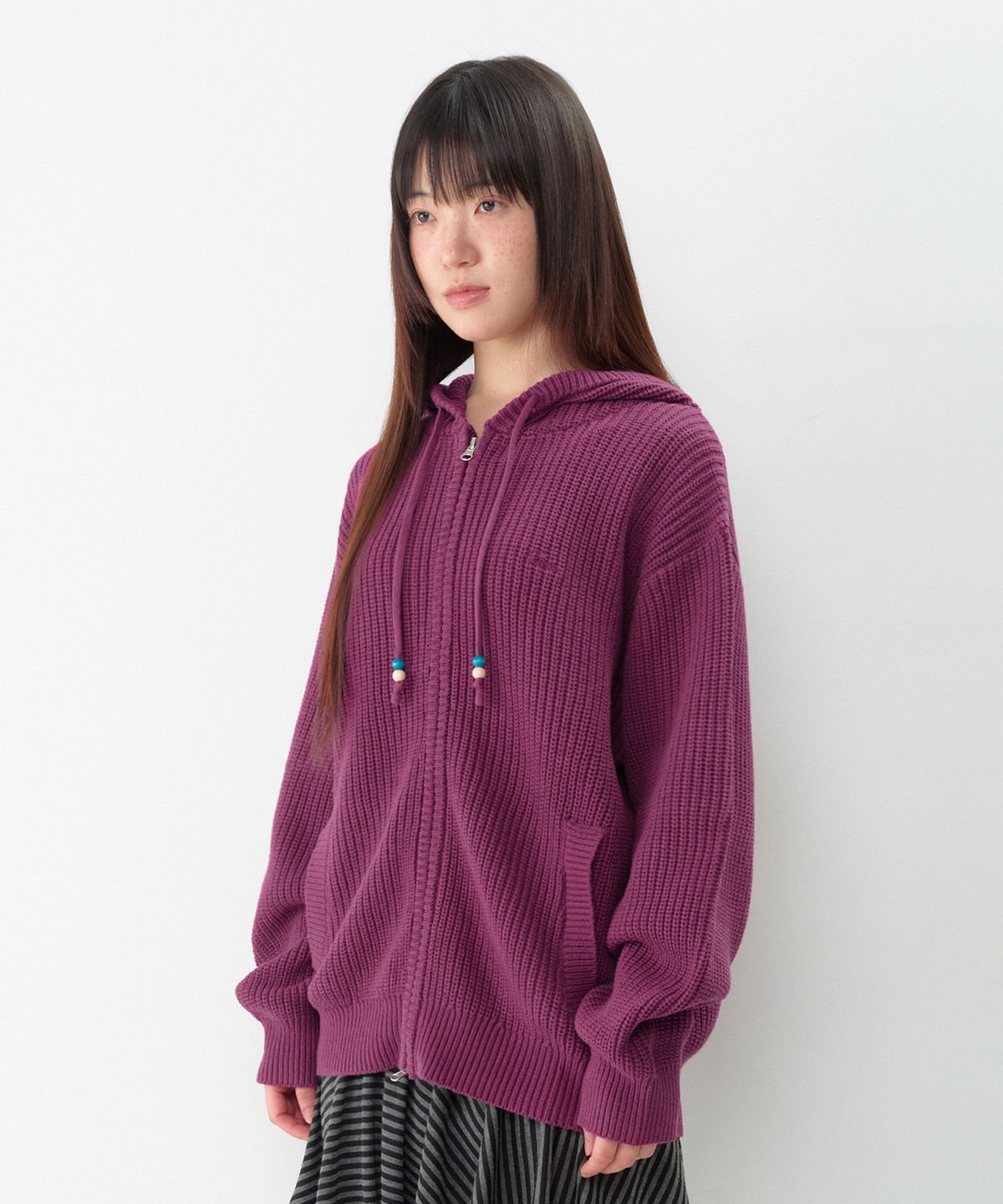 아메스 월드와이드(AMES-WORLDWIDE) BEADS KNIT HOODIE ZIP-UP PURPLE