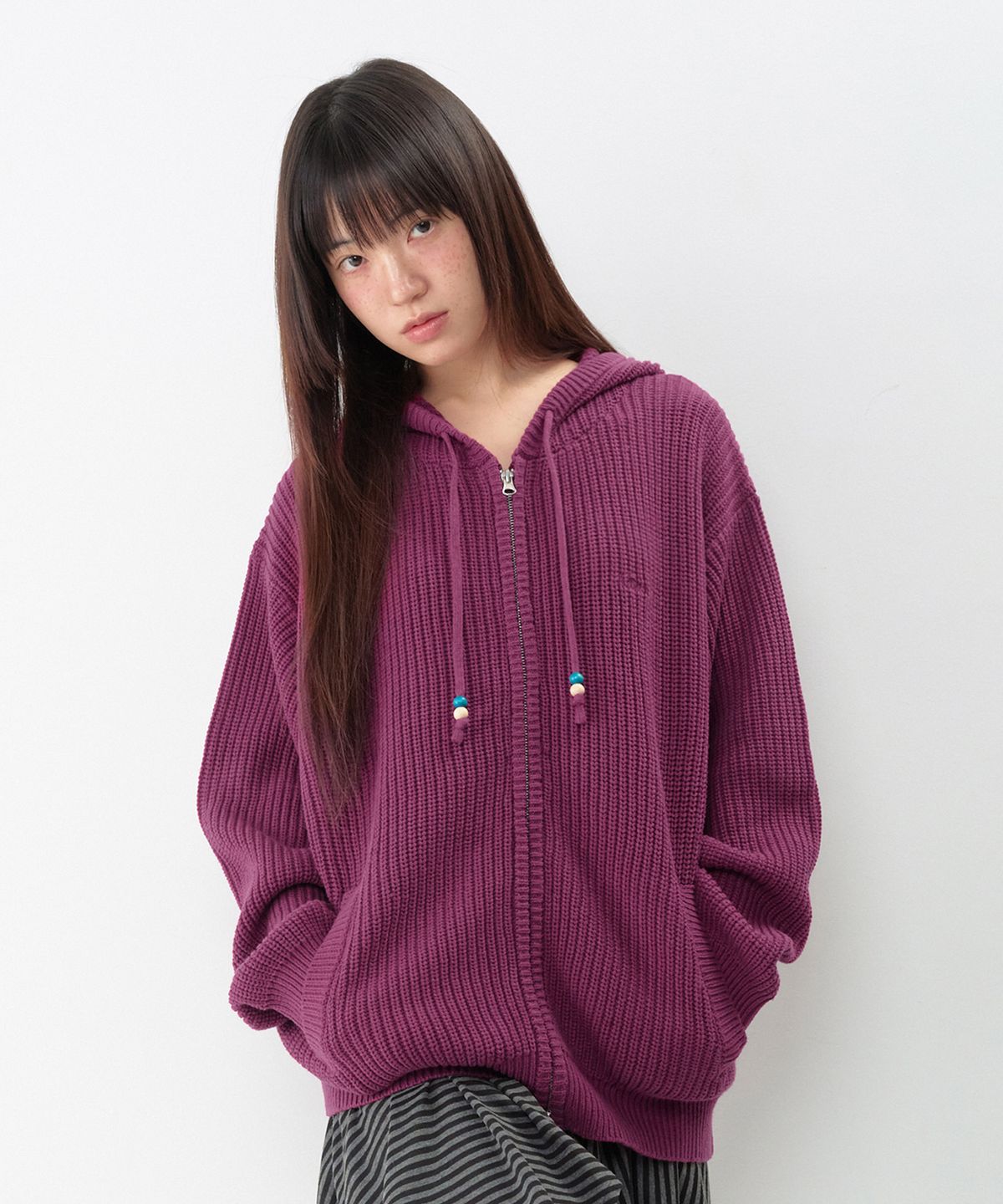 아메스 월드와이드(AMES-WORLDWIDE) BEADS KNIT HOODIE ZIP-UP PURPLE