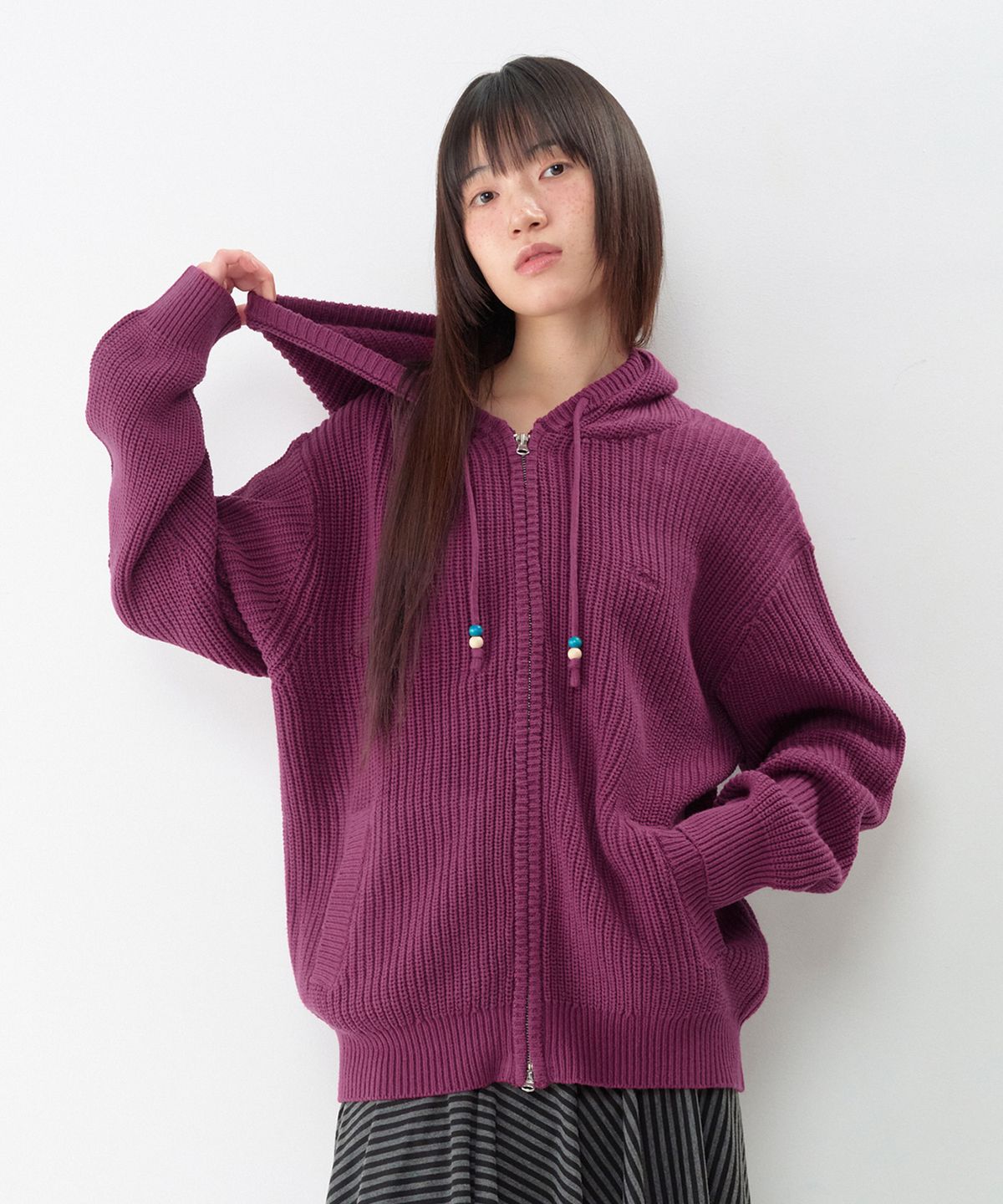 아메스 월드와이드(AMES-WORLDWIDE) BEADS KNIT HOODIE ZIP-UP PURPLE