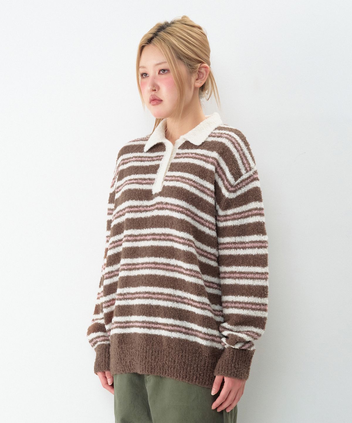 아메스 월드와이드(AMES-WORLDWIDE) BUTTON COLLAR STRIPE KNIT BROWN