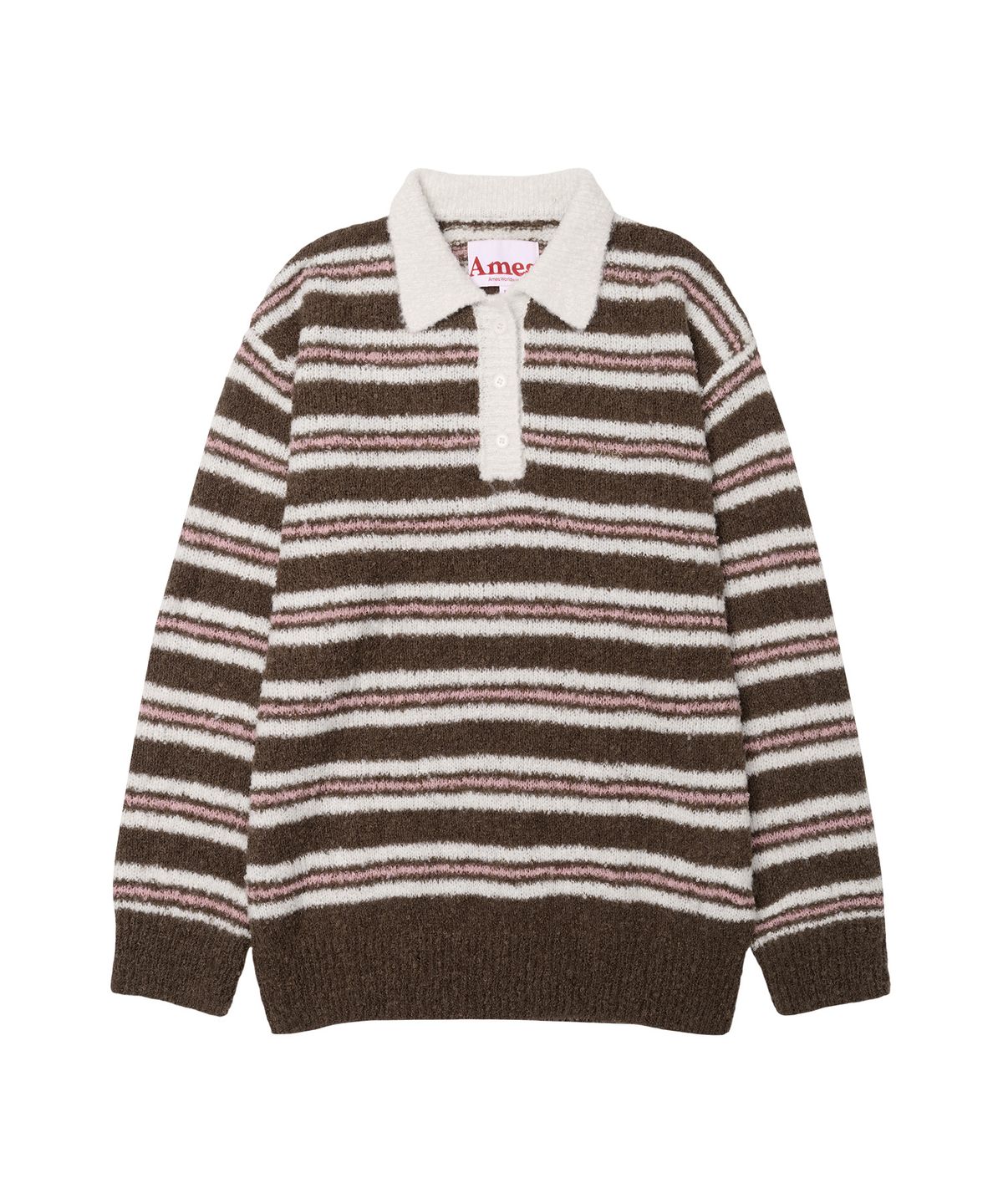 아메스 월드와이드(AMES-WORLDWIDE) BUTTON COLLAR STRIPE KNIT BROWN