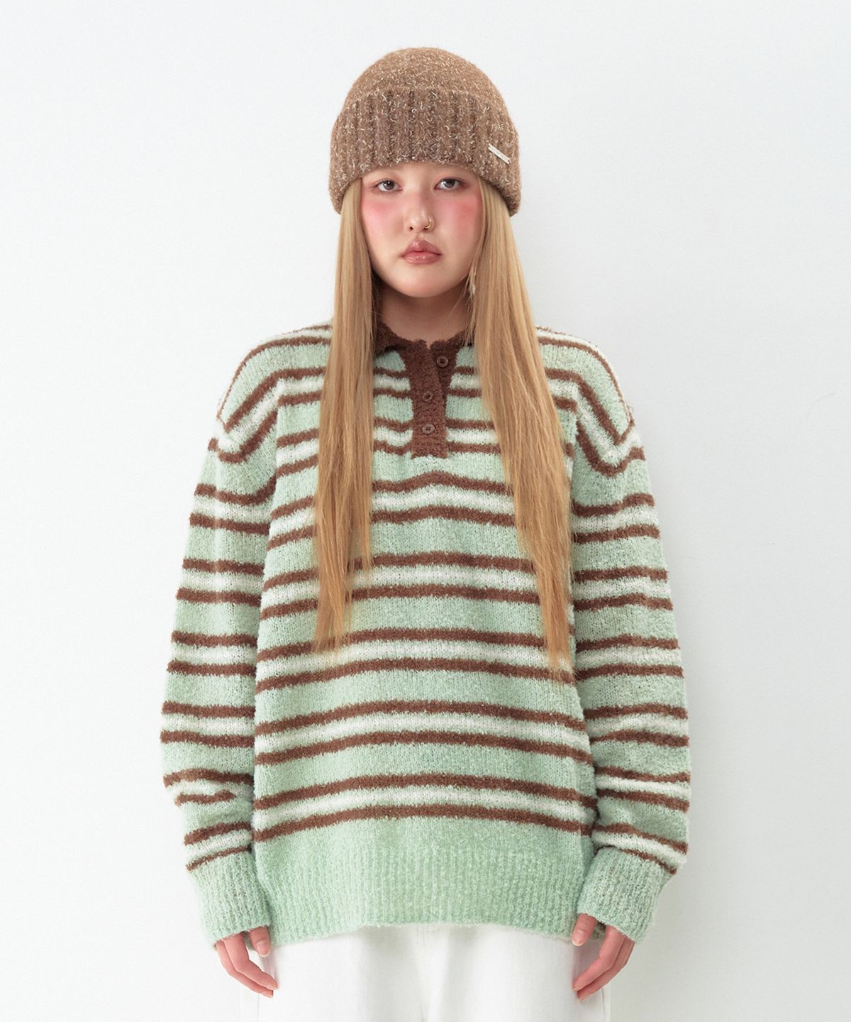 아메스 월드와이드(AMES-WORLDWIDE) BUTTON COLLAR STRIPE KNIT MINT